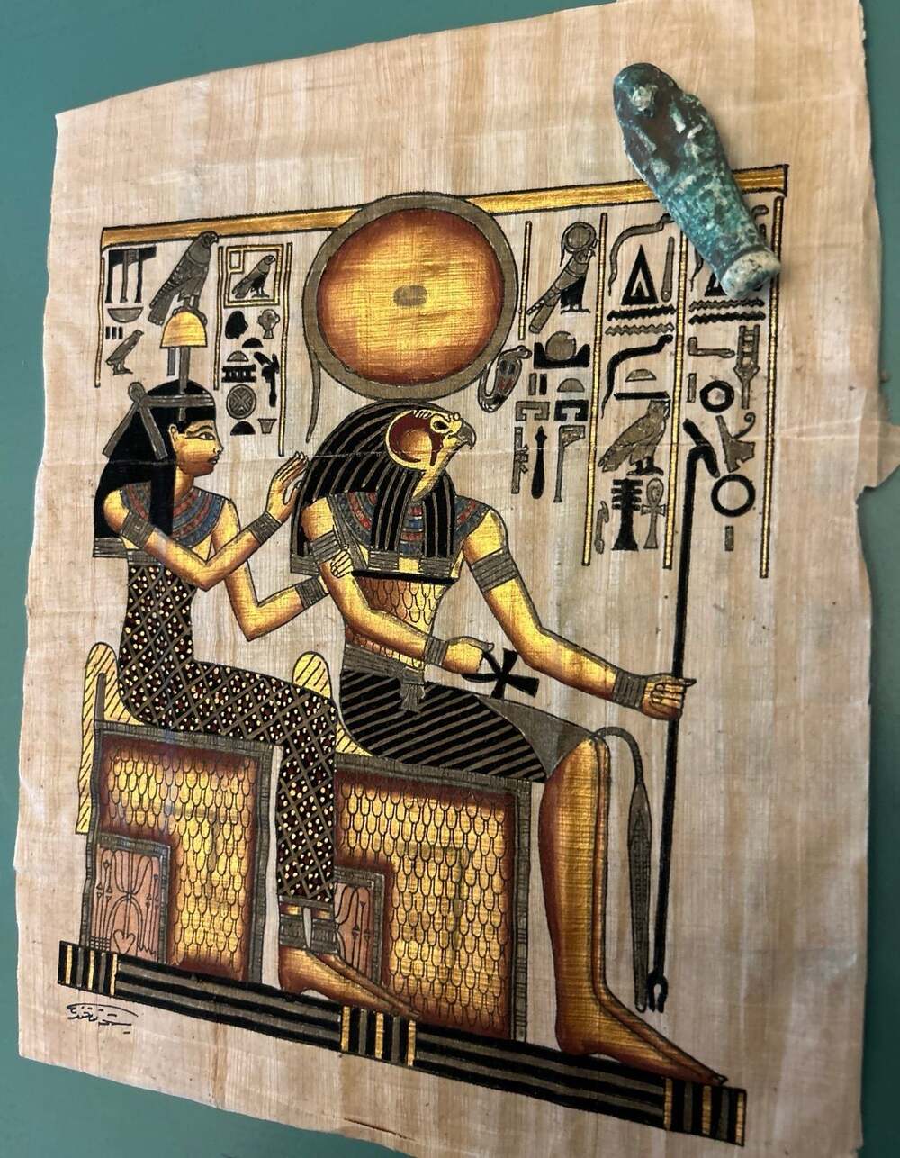 Authentic Hand Painted Egyptian Papyrus - Amentet Re-Horakhty AND 2.5" Shabti